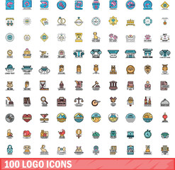 100 logo icons set. Color line set of logo vector icons thin line color flat on white