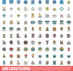 Naklejka premium 100 logo icons set. Color line set of logo vector icons thin line color flat on white