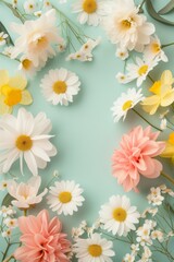 Pastel Spring Flowers Theme Graphic Design Backdrop Background | Daisy Daffodil | Clear Space for Text | Easter Light Duck Egg Blue