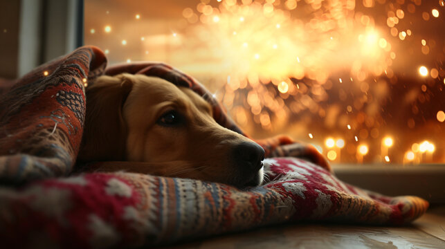 dog hiding under a blanket afraid of fireworks