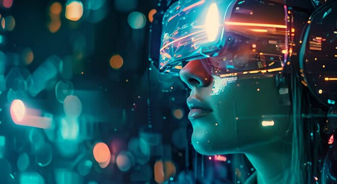 Woman in glowing virtual reality helmet. The concept of virtual reality and technology.