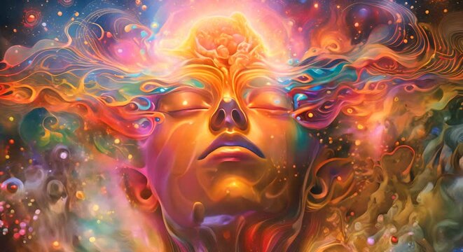 Human face with closed eyes, surrounded by cosmic patterns. The concept of human consciousness and imagination.