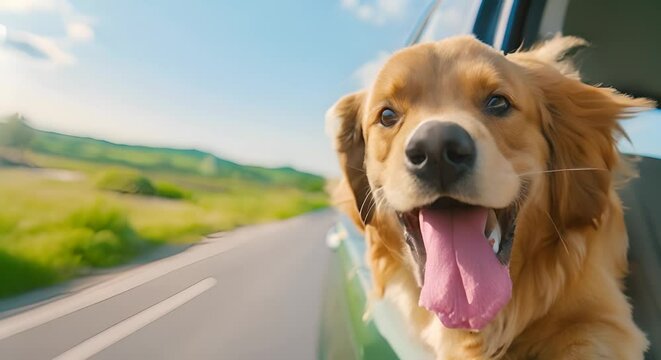 Dog sticking its head out of a car. The concept of joy and travel.