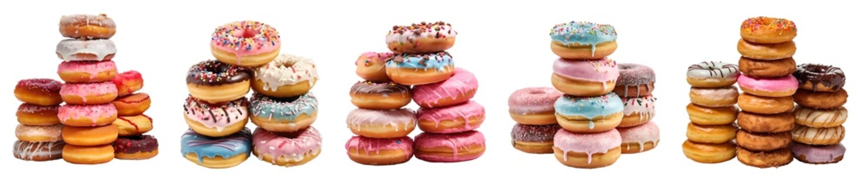 Pile group stack tower of round donut doughnut, with sprinkles nuts topping frosting on transparent background cutout, PNG file. Many assorted different. Mockup template for artwork