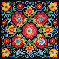Fototapeta na wymiar Vibrant Handmade Embroidery of Floral Design on Dark Fabric