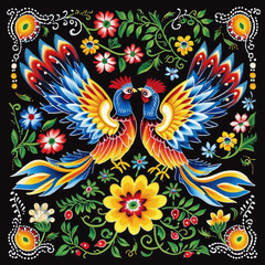 Fototapeta premium Colorful Traditional Folk Art Featuring Two Birds Surrounded by Floral Patterns