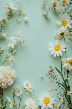 Pastel Spring Flowers Theme Graphic Design Backdrop Background | Daisy Daffodil | Clear Space for Text | Easter Light Duck Egg Blue