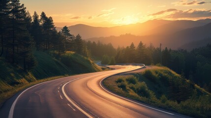 Mountain road at sunset. Beautiful curved roadway.