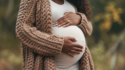 Close up of pregnant woman in knitted sweater touching her belly in autumn park. AI. - obrazy, fototapety, plakaty