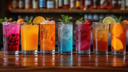 Colorful Fruit Cocktails, Six Refreshing Drinks on Ice, Flavorful Fruit Juice Combinations, Variety of Fruity Beverages. - obrazy, fototapety, plakaty