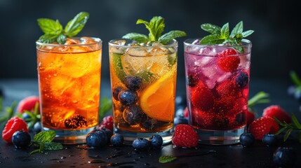Fruit-Infused Drinks, A Trio of Refreshing Beverages, Fruit-Based Drinks, Three Flavorful Cocktails.