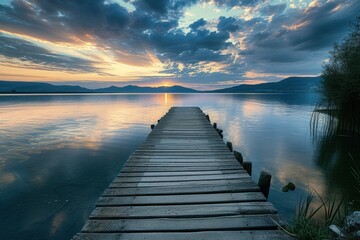 Fototapeta premium A serene sunset over the lake, Walking towards the horizon on a wooden pier, The calmness of nature at dusk, A peaceful evening by the water's edge.