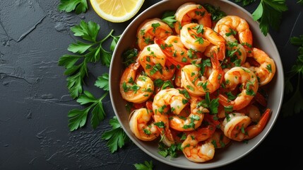  Shrimp and Parsley Salad,  Lemon-Garnished Shrimp Bowl,  Herb-Topped Shrimp Dish,  Freshly Prepared Shrimp with Parsley.  generative ai