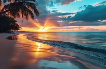 Fototapeta na wymiar Sunset at the Beach, Golden Hour on the Shore, Serene Ocean Scene with Palm Trees, Calming Sunset Over Sandy Beach.