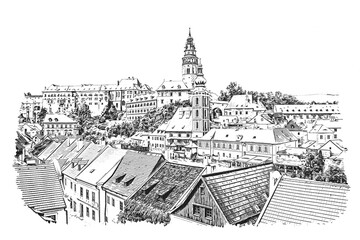 Panoramic view of Cesky Krumlov castle and city in Czech Republic, ink sketch illustration on white background.
