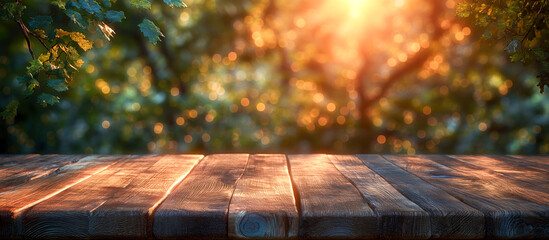 wooden table and flowers and trees, strong sunlight, copy space - obrazy, fototapety, plakaty