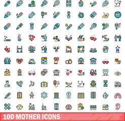 100 mother icons set. Color line set of mother vector icons thin line color flat on white