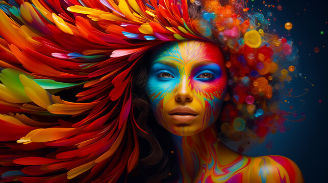 EVOCATIVE COLORFUL WOMAN, Female face, 3D, Three-dimensional Art, Rainbow colors. Hair like colored goose teathers. Emotional image. Blaze of color. Modern abstractionis.