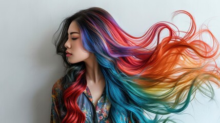Naklejka premium beautiful woman silky multi color hair isolated on white background 