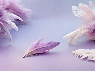 Naklejka premium A Pile of Lilac Feathers in the Left Corner, Creating an Angelic Background Banner Against a Romantic Lilac-Blue Sky with Ample Copy Space.