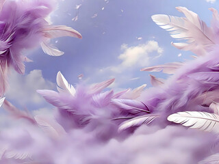 A Pile of Lilac Feathers in the Left Corner, Creating an Angelic Background Banner Against a Romantic Lilac-Blue Sky with Ample Copy Space.