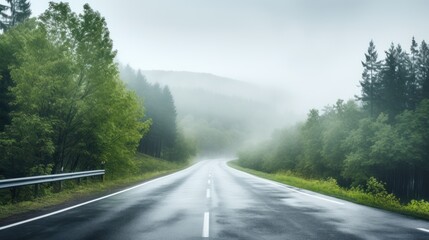 Road in foggy forest in rainy day in spring. Beautiful mountain curved roadway, trees with green foliage in fog and overcast sky.