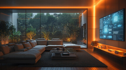 Cyberpunk-inspired smart home fusion. Edgy scene with futuristic design and AI tech. Generative AI