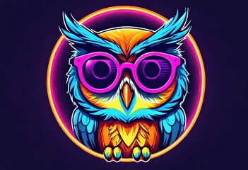 Neon owl with sunglass for t shirt design, gaming logo, poster, banner