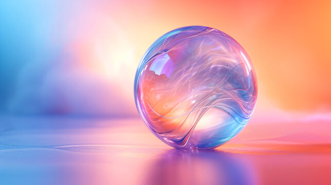 A swirling abstract bubble design in pink and blue hues. The background is a gradient of pink and purple.