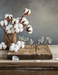 Empty rustic old wooden boards table copy space with cotton plants and white flowers in background