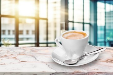 Wooden table at coffee shop  with a cup