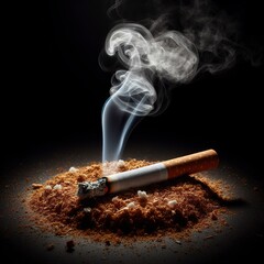 A burning cigarette and white smoke rising isolate on black background