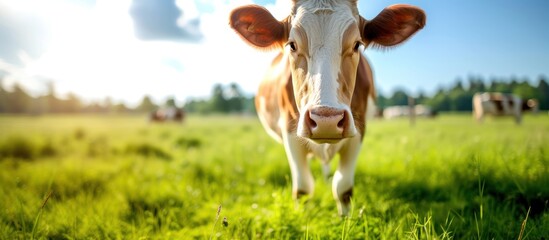 Dairy cow on the green grass field background. AI generated image - obrazy, fototapety, plakaty