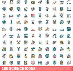 100 science icons set. Color line set of science vector icons thin line color flat on white