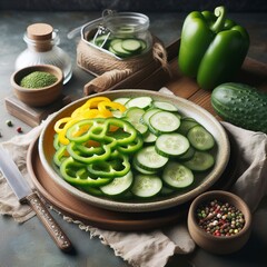 Fototapeta na wymiar A plate of thin sliced cucumbers and green bell peppers