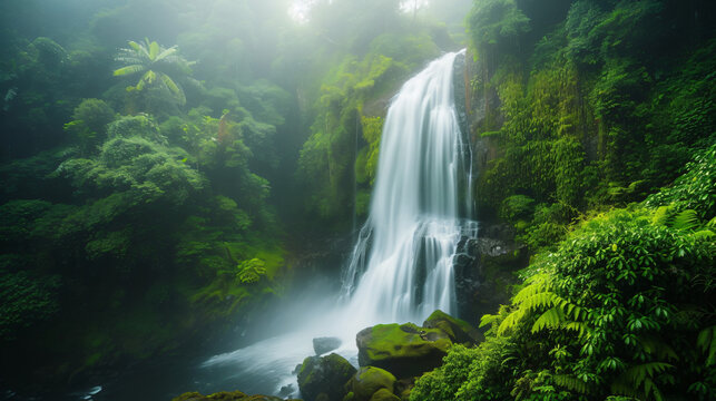 A captivating image of a cascading waterfall in a lush rainforest with rainbow mist rising from the base. © Gabriel