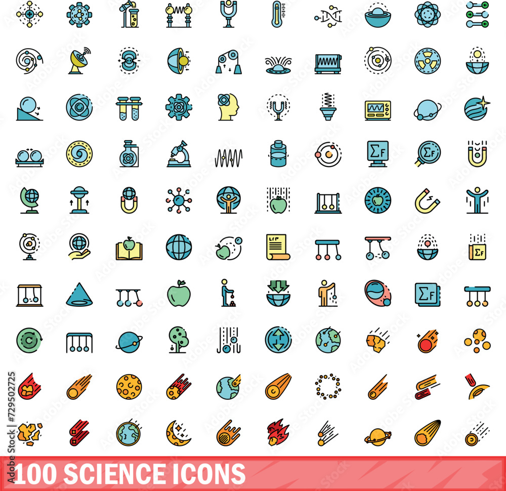 Wall mural 100 science icons set. color line set of science vector icons thin line color flat on white
