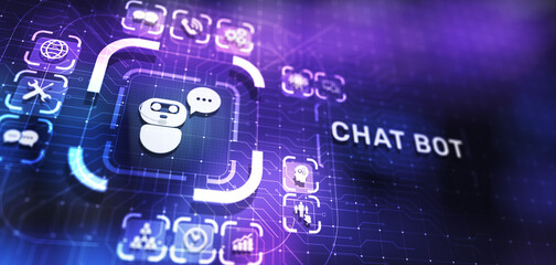 Chatbot computer program designed for conversation with human users over the Internet. Support and customer service automation technology concept.