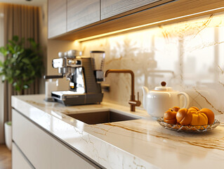 Fototapeta na wymiar A modern kitchen with marble walls, white counters, and gold accents.