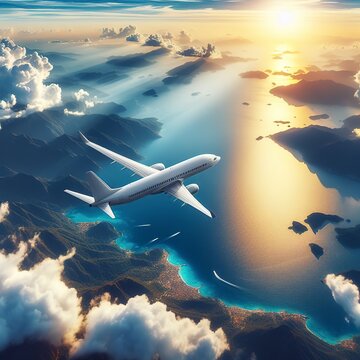 Airplane flies over a sea, View from above