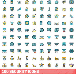 100 security icons set. Color line set of security vector icons thin line color flat on white