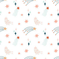 Cute bohemian baby seamless pattern with clouds, stars, sun. Vector pattern in boho style