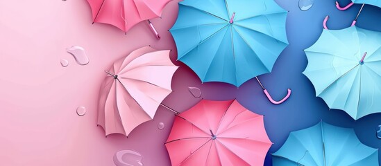Colorful umbrellas pastel pink and blue background background. AI generated image - obrazy, fototapety, plakaty