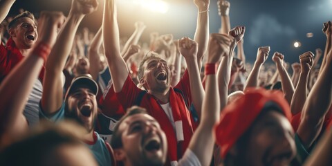 Enthusiastic Fans Celebrate A Goal, Showing Support For Their Favorite Players. Сoncept Football Fanatics, Goal Celebrations, Fan Support, Favorite Players, Enthusiastic Cheers - obrazy, fototapety, plakaty