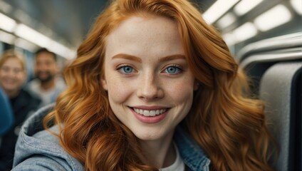 Obraz premium Close-up selfie of a young, attractive ginger-haired woman smiling on a train with passengers in the background.