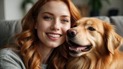 Close-up selfie of a young, attractive ginger-haired woman smiling with a golden retriever, showing a bond between human and dog.