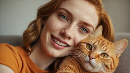 Close-up selfie of a young, attractive ginger-haired woman with a vibrant smile, holding an orange tabby cat.