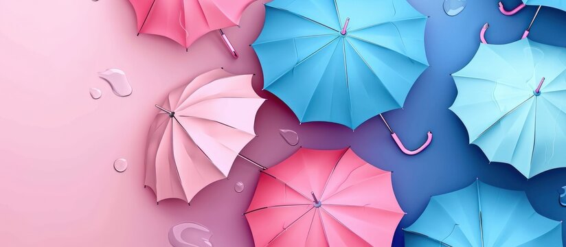 Colorful umbrellas pastel pink and blue background background. AI generated image