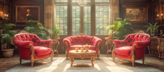 interior of a big old house, with nice old chairs and sofa, table, and a strong sunlight - obrazy, fototapety, plakaty