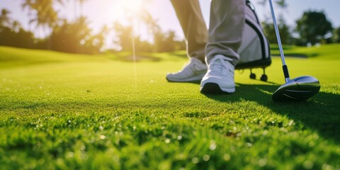 Golfer Standing On A Green Course With A Closeup Of Golf Equipment Bag. Сoncept Golfing Essentials, Green Course Perfection, Golf Bag Showcase - obrazy, fototapety, plakaty